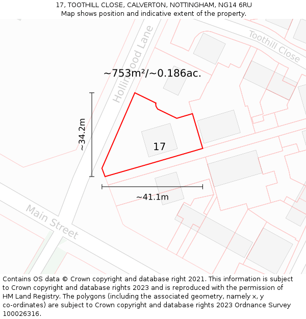 17, TOOTHILL CLOSE, CALVERTON, NOTTINGHAM, NG14 6RU: Plot and title map