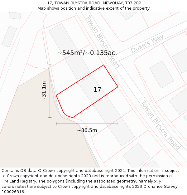 17, TOWAN BLYSTRA ROAD, NEWQUAY, TR7 2RP: Plot and title map