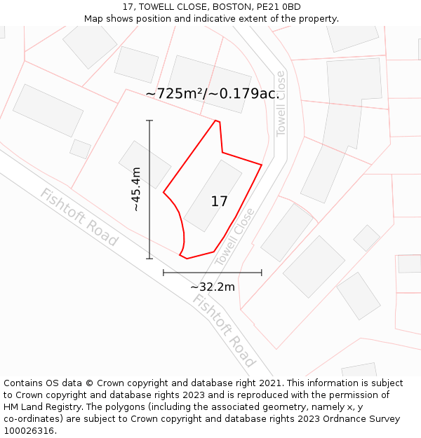 17, TOWELL CLOSE, BOSTON, PE21 0BD: Plot and title map