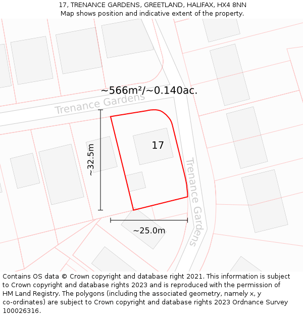 17, TRENANCE GARDENS, GREETLAND, HALIFAX, HX4 8NN: Plot and title map