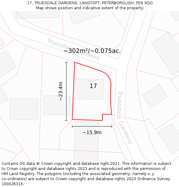 17, TRUESDALE GARDENS, LANGTOFT, PETERBOROUGH, PE6 9QG: Plot and title map