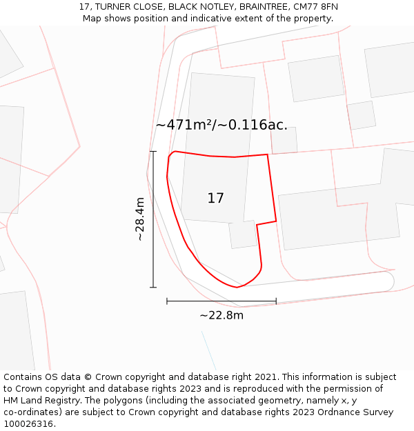 17, TURNER CLOSE, BLACK NOTLEY, BRAINTREE, CM77 8FN: Plot and title map