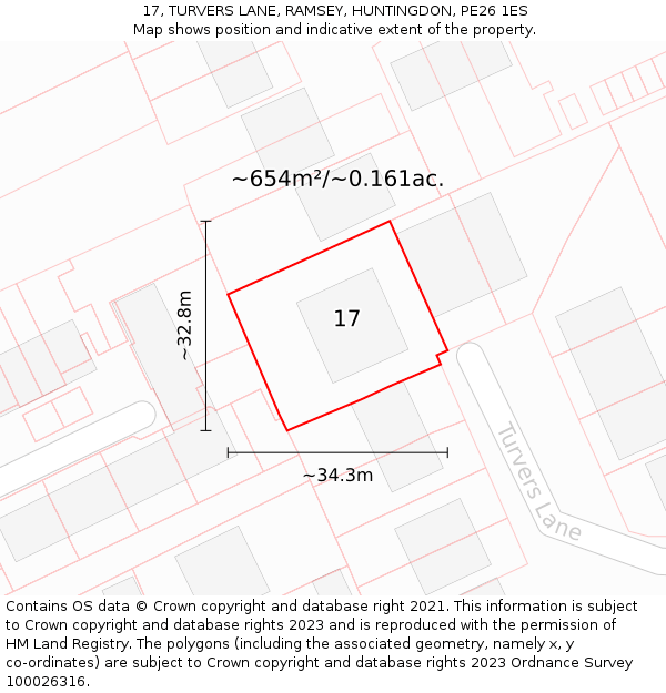 17, TURVERS LANE, RAMSEY, HUNTINGDON, PE26 1ES: Plot and title map