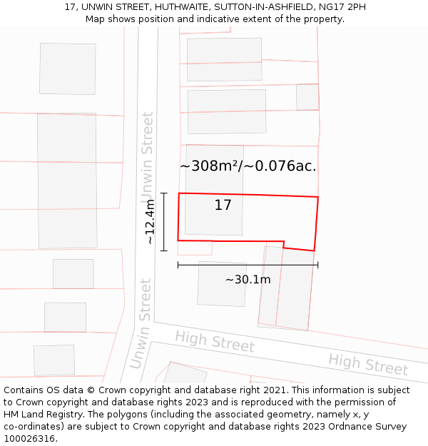 17, UNWIN STREET, HUTHWAITE, SUTTON-IN-ASHFIELD, NG17 2PH: Plot and title map