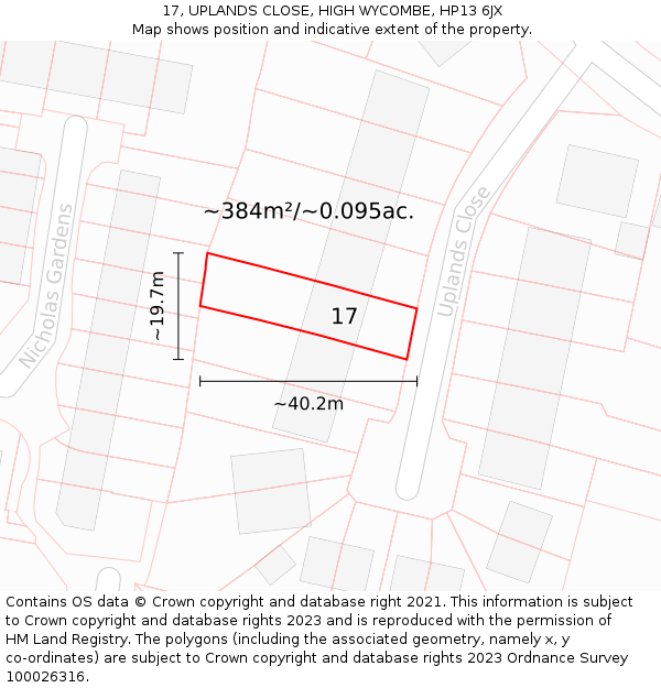 17, UPLANDS CLOSE, HIGH WYCOMBE, HP13 6JX: Plot and title map