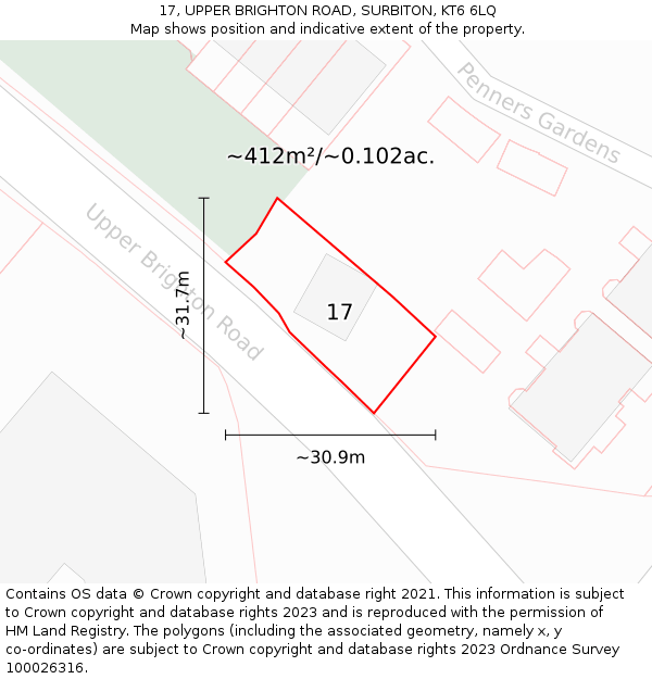 17, UPPER BRIGHTON ROAD, SURBITON, KT6 6LQ: Plot and title map