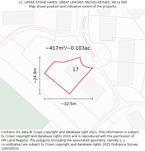 17, UPPER STONE HAYES, GREAT LINFORD, MILTON KEYNES, MK14 5ER: Plot and title map