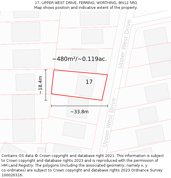 17, UPPER WEST DRIVE, FERRING, WORTHING, BN12 5RG: Plot and title map