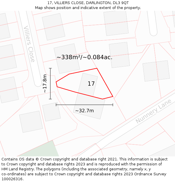 17, VILLIERS CLOSE, DARLINGTON, DL3 9QT: Plot and title map