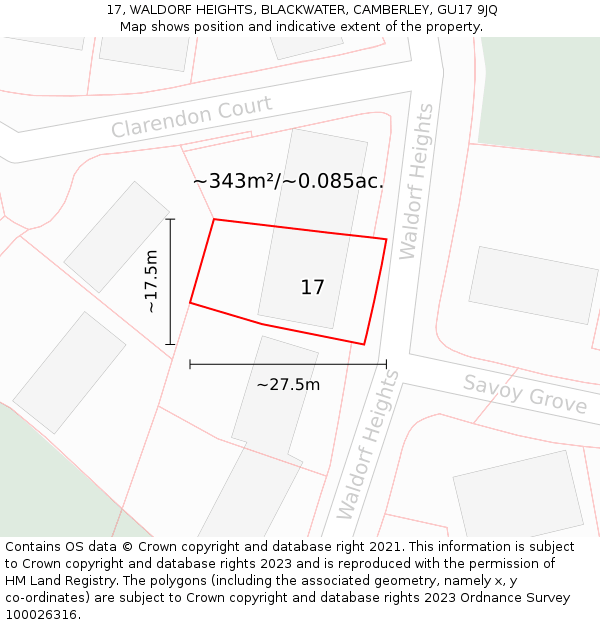 17, WALDORF HEIGHTS, BLACKWATER, CAMBERLEY, GU17 9JQ: Plot and title map