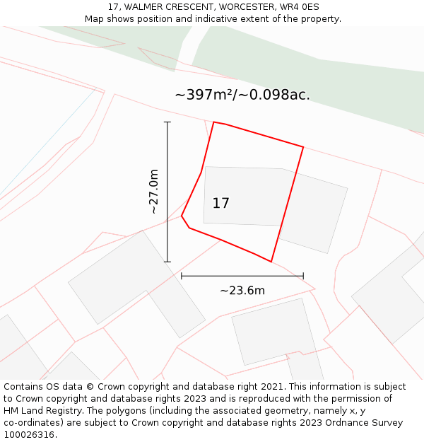 17, WALMER CRESCENT, WORCESTER, WR4 0ES: Plot and title map