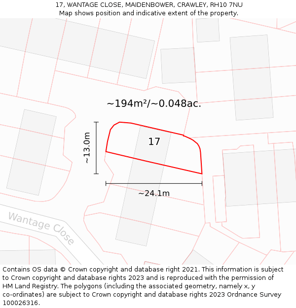 17, WANTAGE CLOSE, MAIDENBOWER, CRAWLEY, RH10 7NU: Plot and title map