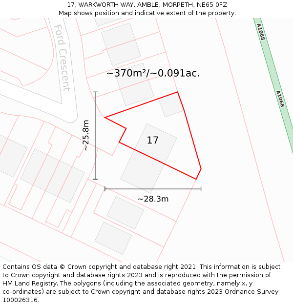 17, WARKWORTH WAY, AMBLE, MORPETH, NE65 0FZ: Plot and title map