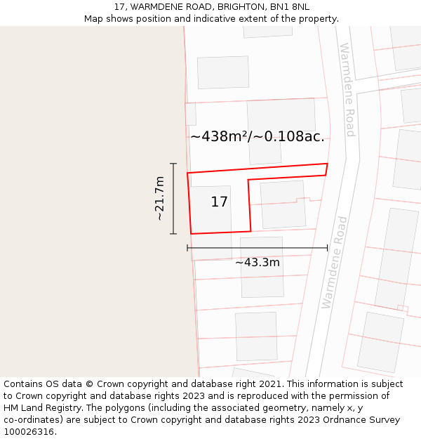 17, WARMDENE ROAD, BRIGHTON, BN1 8NL: Plot and title map