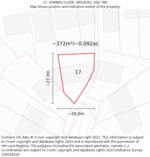 17, WARREN CLOSE, RAYLEIGH, SS6 7BD: Plot and title map