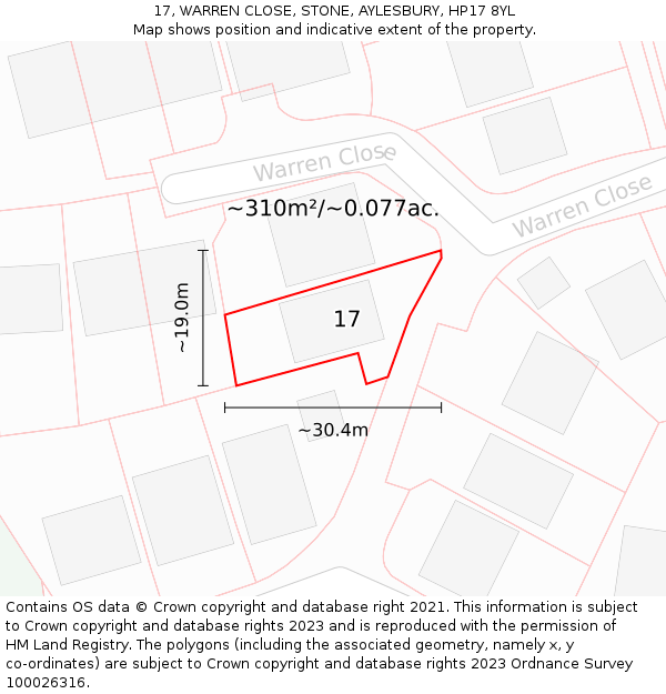 17, WARREN CLOSE, STONE, AYLESBURY, HP17 8YL: Plot and title map