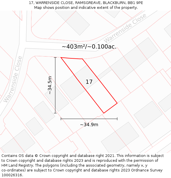 17, WARRENSIDE CLOSE, RAMSGREAVE, BLACKBURN, BB1 9PE: Plot and title map