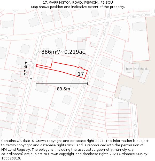 17, WARRINGTON ROAD, IPSWICH, IP1 3QU: Plot and title map