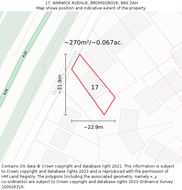 17, WARWICK AVENUE, BROMSGROVE, B60 2AH: Plot and title map