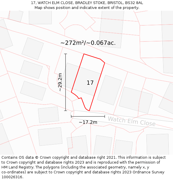 17, WATCH ELM CLOSE, BRADLEY STOKE, BRISTOL, BS32 8AL: Plot and title map