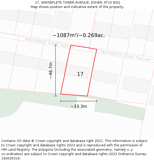 17, WAYNEFLETE TOWER AVENUE, ESHER, KT10 8QQ: Plot and title map