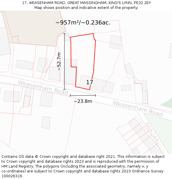 17, WEASENHAM ROAD, GREAT MASSINGHAM, KING'S LYNN, PE32 2EY: Plot and title map