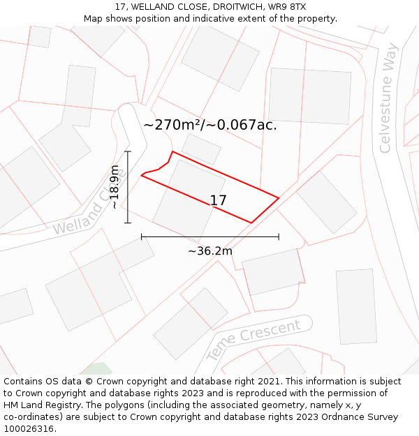 17, WELLAND CLOSE, DROITWICH, WR9 8TX: Plot and title map