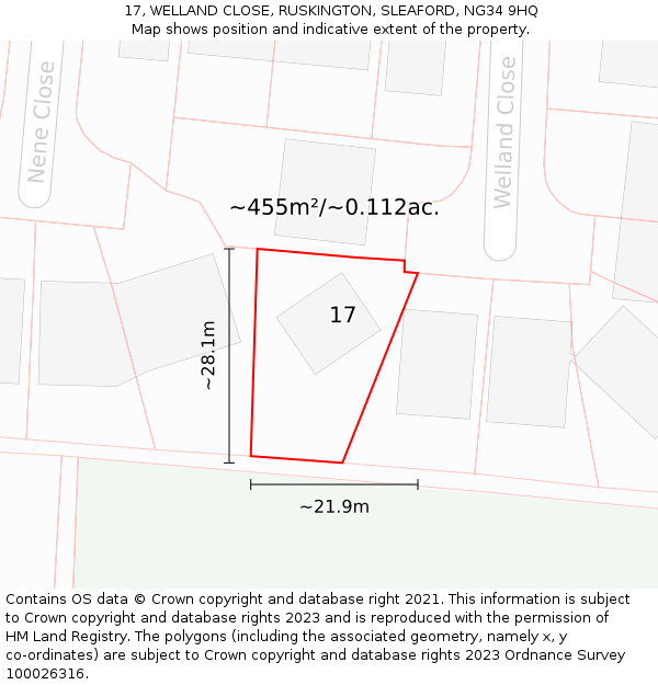 17, WELLAND CLOSE, RUSKINGTON, SLEAFORD, NG34 9HQ: Plot and title map