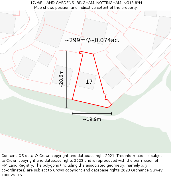 17, WELLAND GARDENS, BINGHAM, NOTTINGHAM, NG13 8YH: Plot and title map