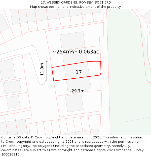 17, WESSEX GARDENS, ROMSEY, SO51 5RD: Plot and title map