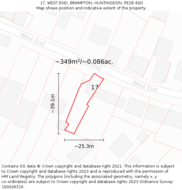 17, WEST END, BRAMPTON, HUNTINGDON, PE28 4SD: Plot and title map