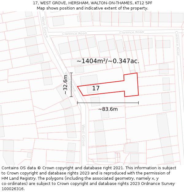 17, WEST GROVE, HERSHAM, WALTON-ON-THAMES, KT12 5PF: Plot and title map