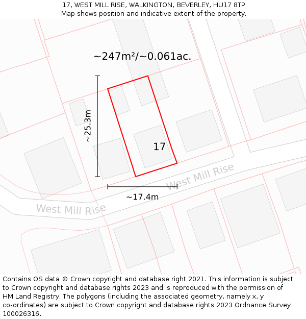 17, WEST MILL RISE, WALKINGTON, BEVERLEY, HU17 8TP: Plot and title map