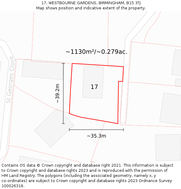 17, WESTBOURNE GARDENS, BIRMINGHAM, B15 3TJ: Plot and title map