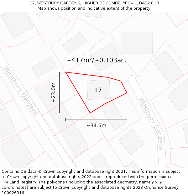 17, WESTBURY GARDENS, HIGHER ODCOMBE, YEOVIL, BA22 8UR: Plot and title map