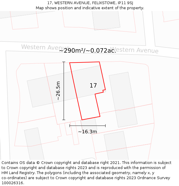 17, WESTERN AVENUE, FELIXSTOWE, IP11 9SJ: Plot and title map