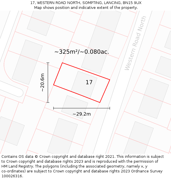 17, WESTERN ROAD NORTH, SOMPTING, LANCING, BN15 9UX: Plot and title map