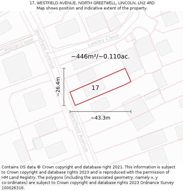 17, WESTFIELD AVENUE, NORTH GREETWELL, LINCOLN, LN2 4RD: Plot and title map