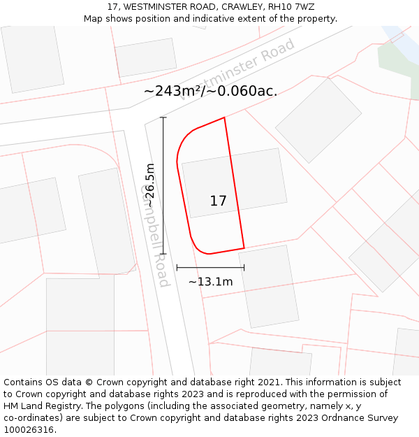 17, WESTMINSTER ROAD, CRAWLEY, RH10 7WZ: Plot and title map