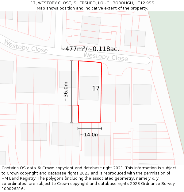 17, WESTOBY CLOSE, SHEPSHED, LOUGHBOROUGH, LE12 9SS: Plot and title map