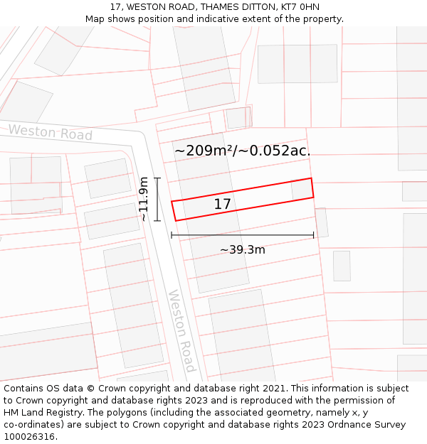 17, WESTON ROAD, THAMES DITTON, KT7 0HN: Plot and title map