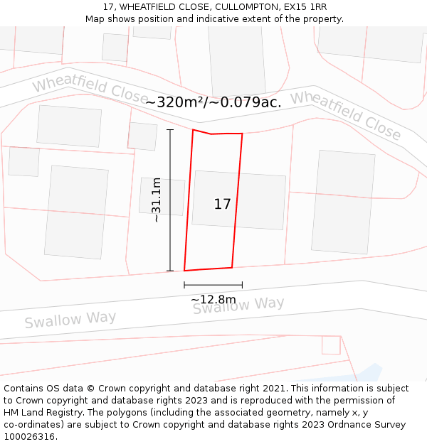 17, WHEATFIELD CLOSE, CULLOMPTON, EX15 1RR: Plot and title map