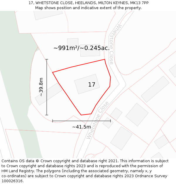 17, WHETSTONE CLOSE, HEELANDS, MILTON KEYNES, MK13 7PP: Plot and title map