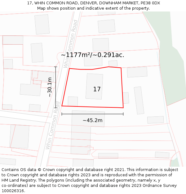 17, WHIN COMMON ROAD, DENVER, DOWNHAM MARKET, PE38 0DX: Plot and title map