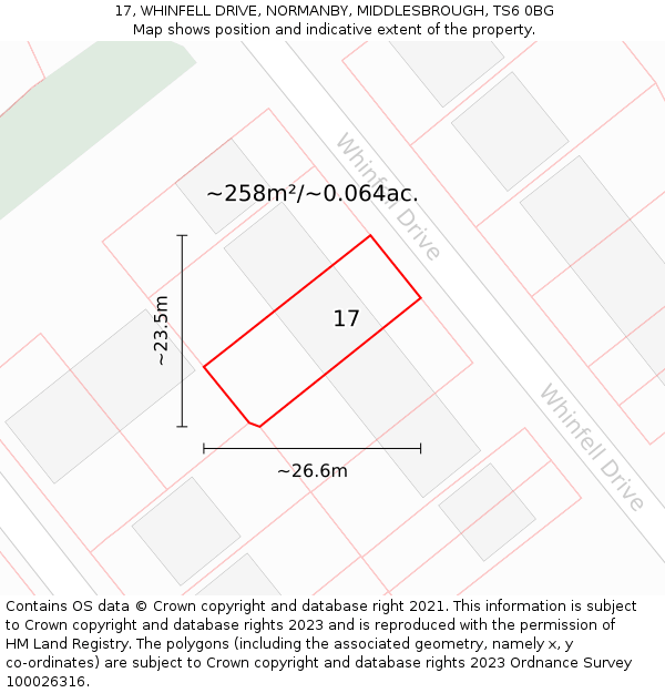 17, WHINFELL DRIVE, NORMANBY, MIDDLESBROUGH, TS6 0BG: Plot and title map