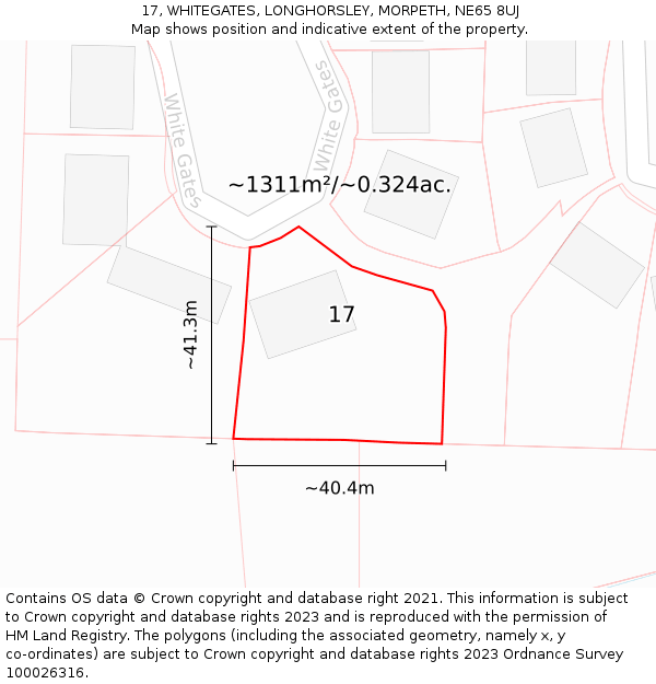 17, WHITEGATES, LONGHORSLEY, MORPETH, NE65 8UJ: Plot and title map