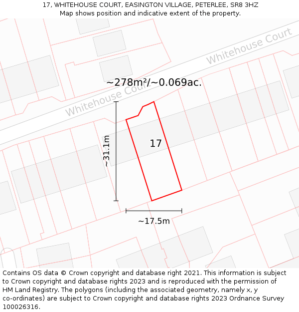 17, WHITEHOUSE COURT, EASINGTON VILLAGE, PETERLEE, SR8 3HZ: Plot and title map