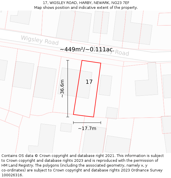 17, WIGSLEY ROAD, HARBY, NEWARK, NG23 7EF: Plot and title map