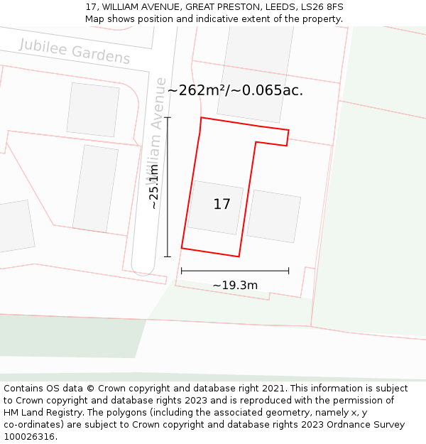 17, WILLIAM AVENUE, GREAT PRESTON, LEEDS, LS26 8FS: Plot and title map