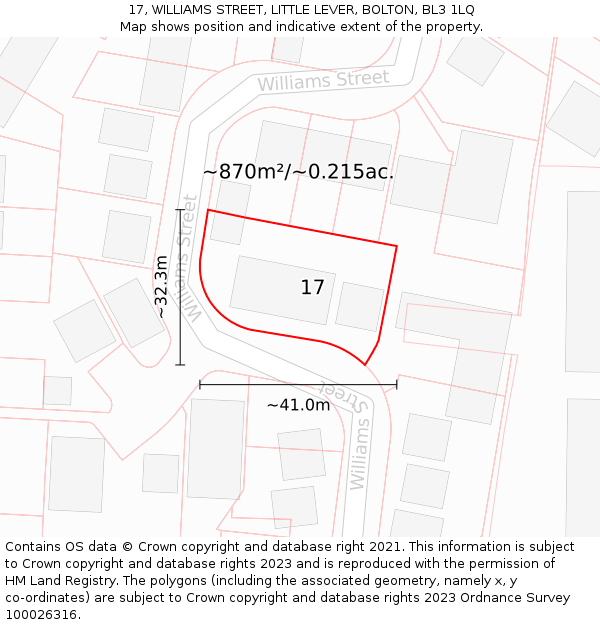 17, WILLIAMS STREET, LITTLE LEVER, BOLTON, BL3 1LQ: Plot and title map